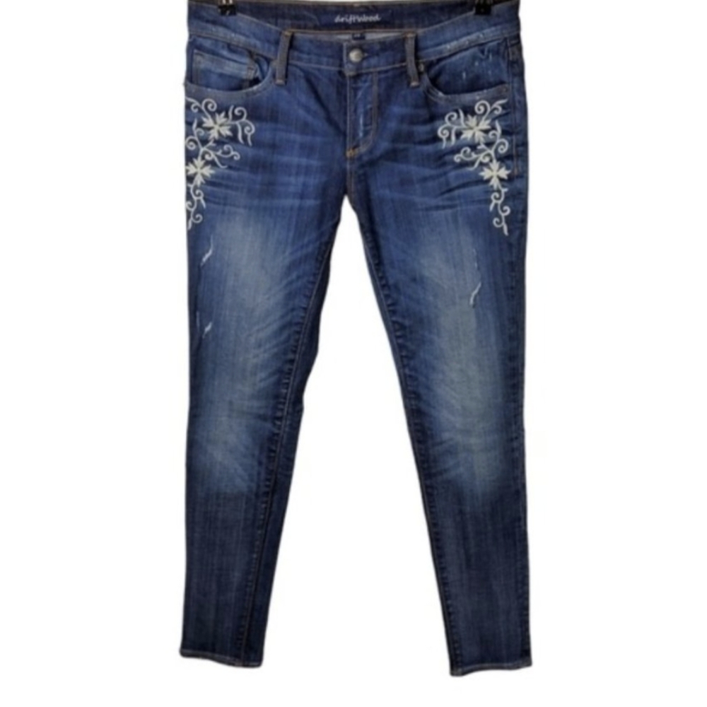 Driftwood Distressed Floral Embroidered Low-Rise Skinny Dark Wash Jeans size 30
